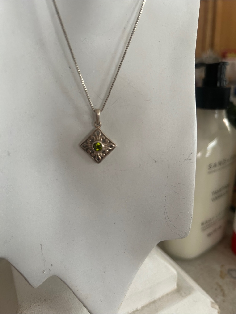 Swarovski Silver Square Pendant Necklace with Green Crystal